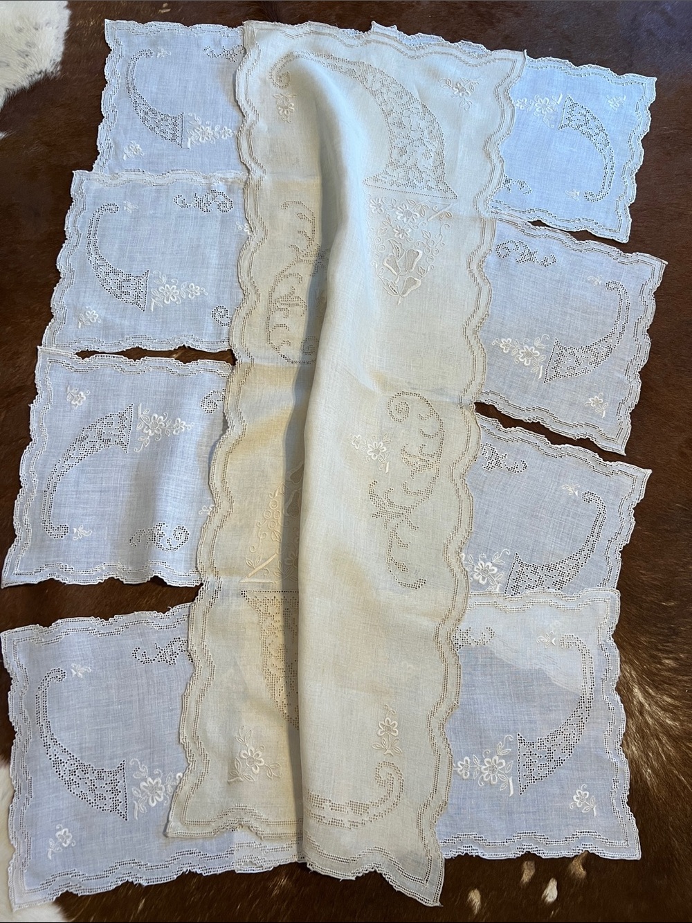 Hand-Embroidered White/Ivory Linen Table Runner and 8 placemat Set